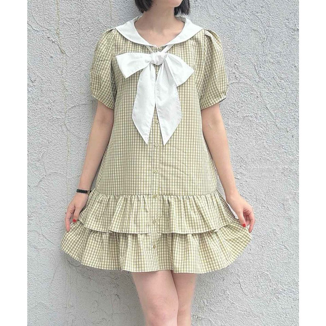 フィント F i.n.t 【洗える】ローウエストセーラーチェックシャツワンピース （L/GR×WH） L/GR×WH