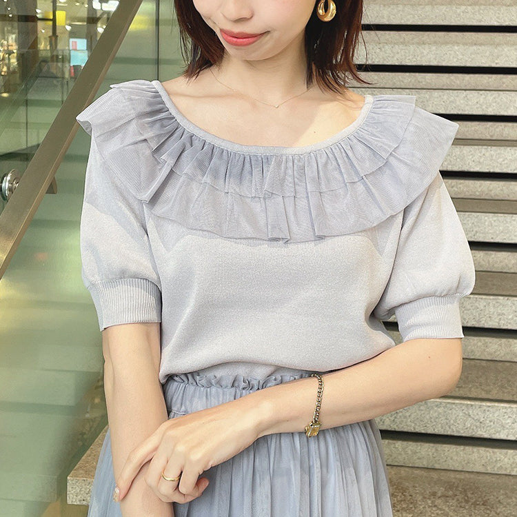 フィント F i.n.t 【洗える(マシンウォッシャブル)】チュールフリル5分袖ニットプルオーバー （BLUE GRAY） BLUE GRAY