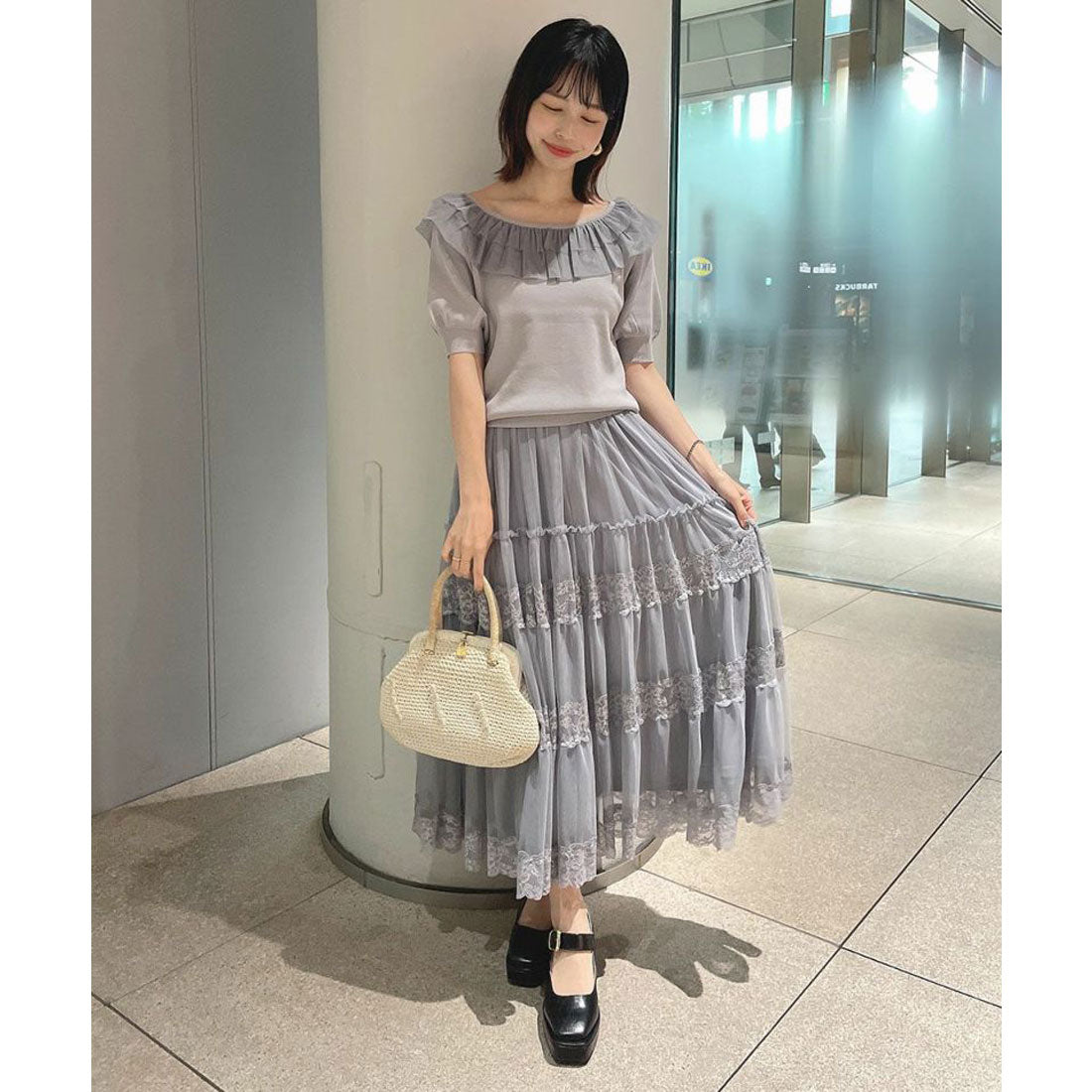 フィント F i.n.t 【洗える(マシンウォッシャブル)】チュールフリル5分袖ニットプルオーバー （BLUE GRAY） BLUE GRAY