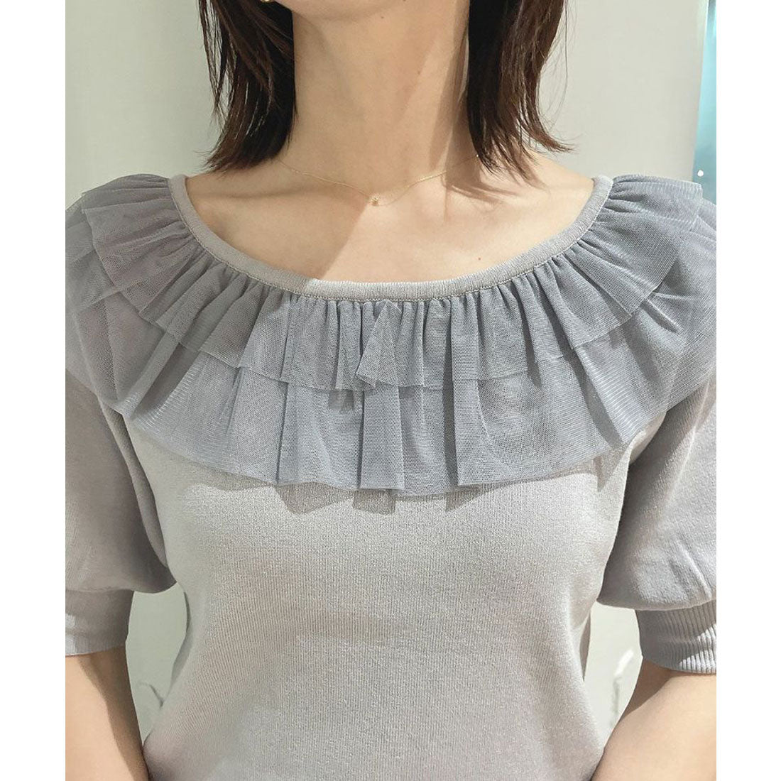 フィント F i.n.t 【洗える(マシンウォッシャブル)】チュールフリル5分袖ニットプルオーバー （BLUE GRAY） BLUE GRAY