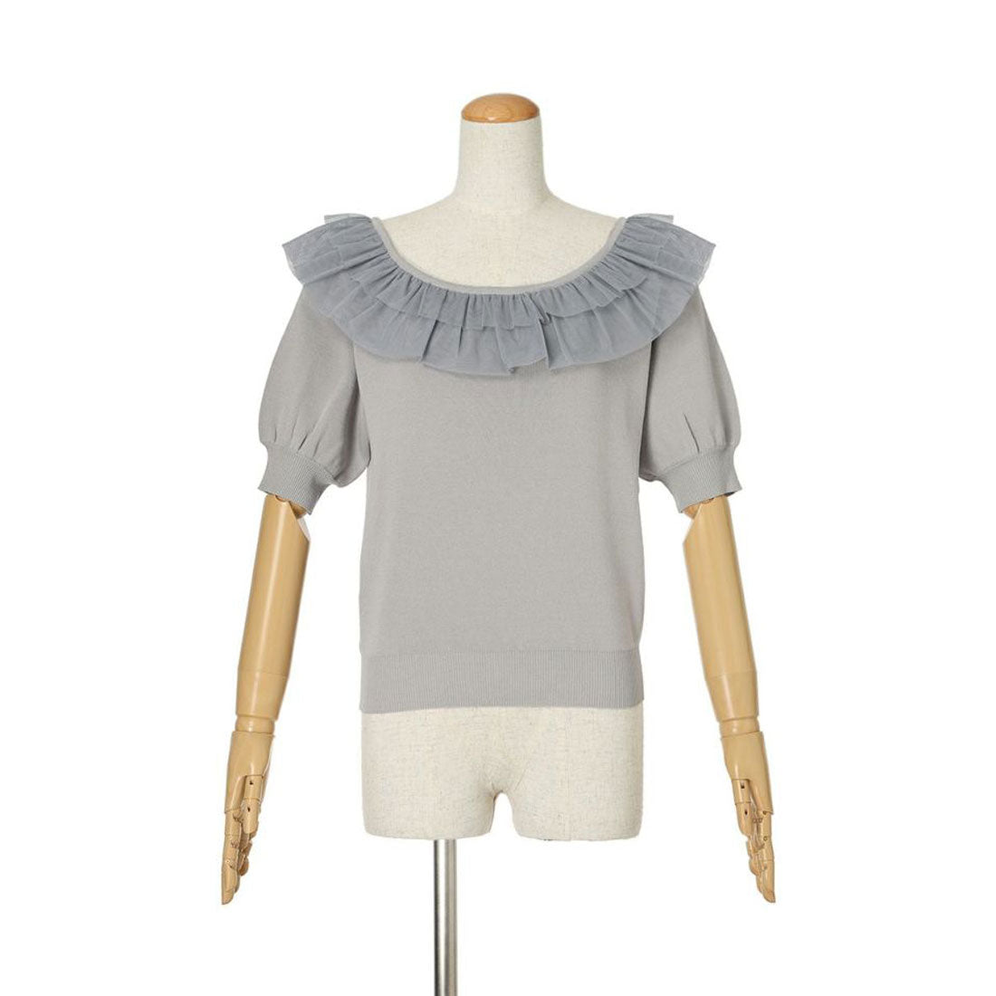 フィント F i.n.t 【洗える(マシンウォッシャブル)】チュールフリル5分袖ニットプルオーバー （BLUE GRAY） BLUE GRAY