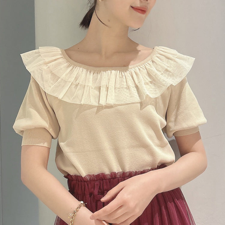 フィント F i.n.t 【洗える(マシンウォッシャブル)】チュールフリル5分袖ニットプルオーバー （IVORY） IVORY