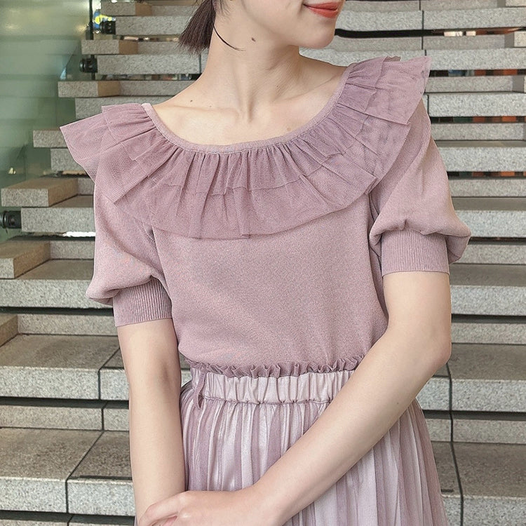 フィント F i.n.t 【洗える(マシンウォッシャブル)】チュールフリル5分袖ニットプルオーバー （PINK） PINK