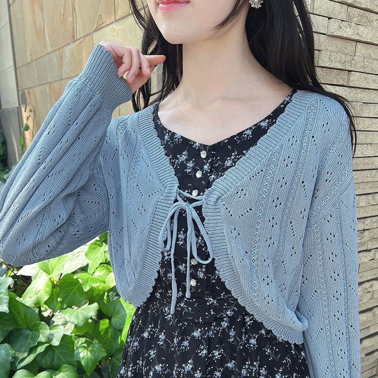 フィント F i.n.t 【涼し気ニット】ストライプ透かし編みサマーニットボレロ （BLUE GRAY） BLUE GRAY