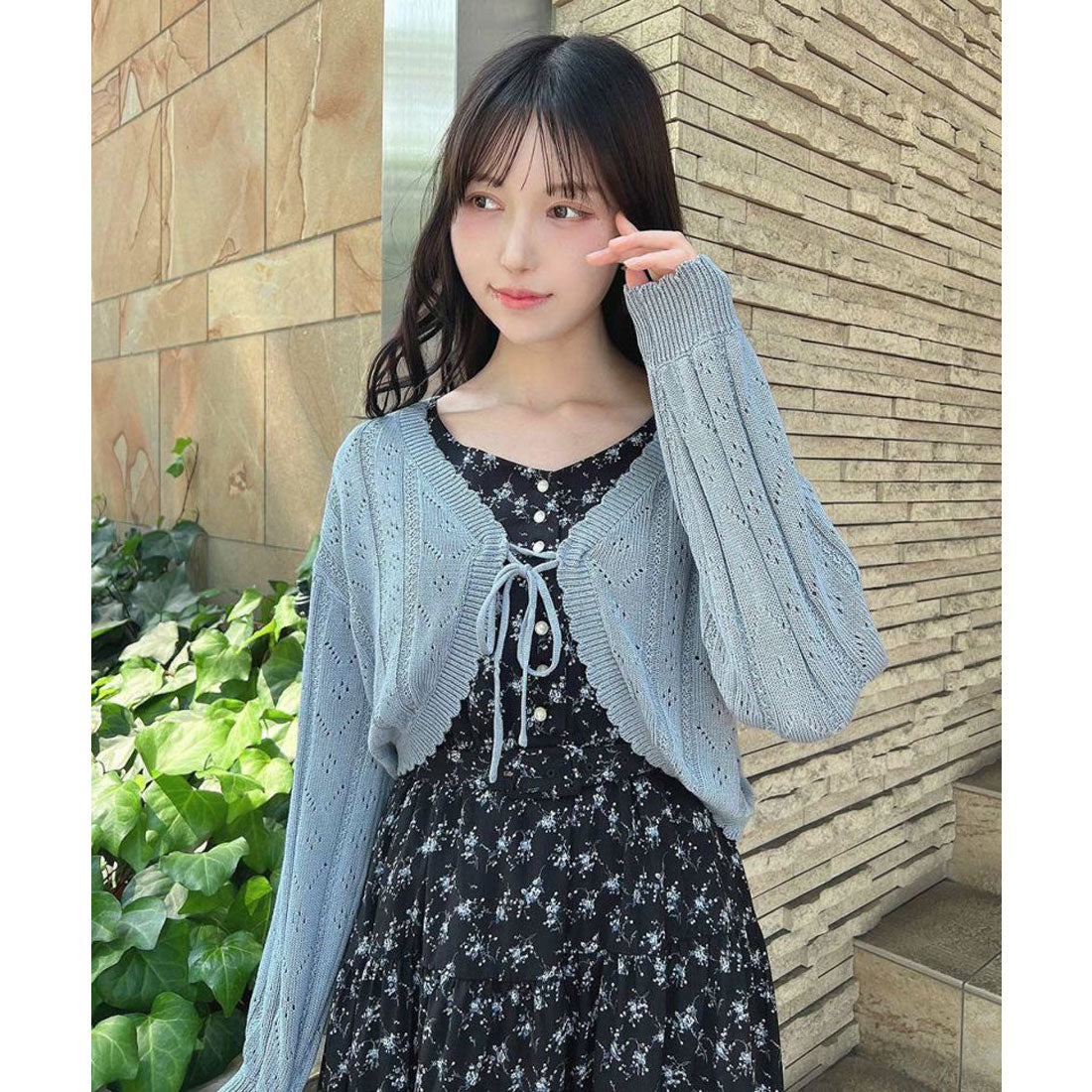 フィント F i.n.t 【涼し気ニット】ストライプ透かし編みサマーニットボレロ （BLUE GRAY） BLUE GRAY