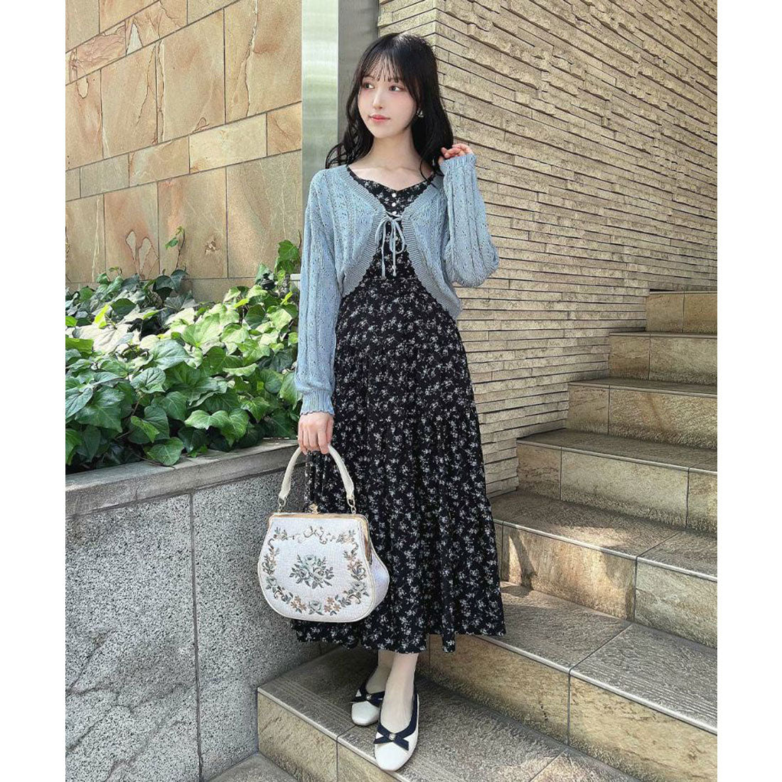 フィント F i.n.t 【涼し気ニット】ストライプ透かし編みサマーニットボレロ （BLUE GRAY） BLUE GRAY