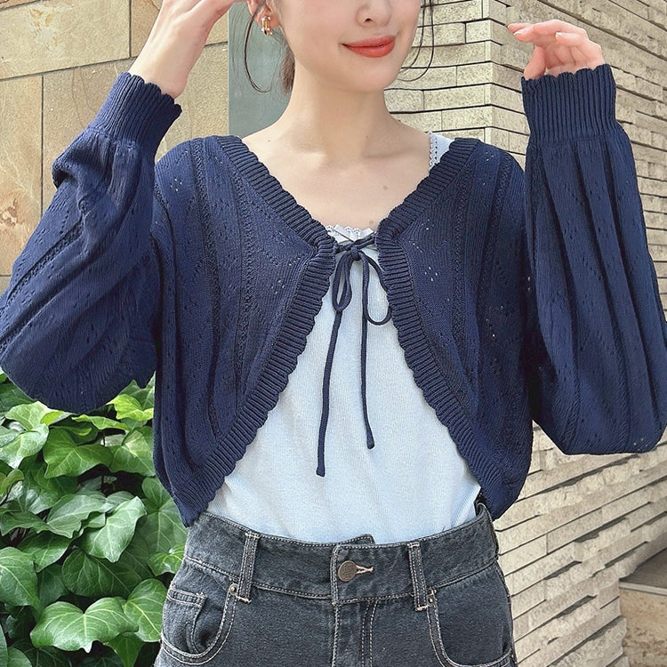 フィント F i.n.t 【涼し気ニット】ストライプ透かし編みサマーニットボレロ （NAVY） NAVY