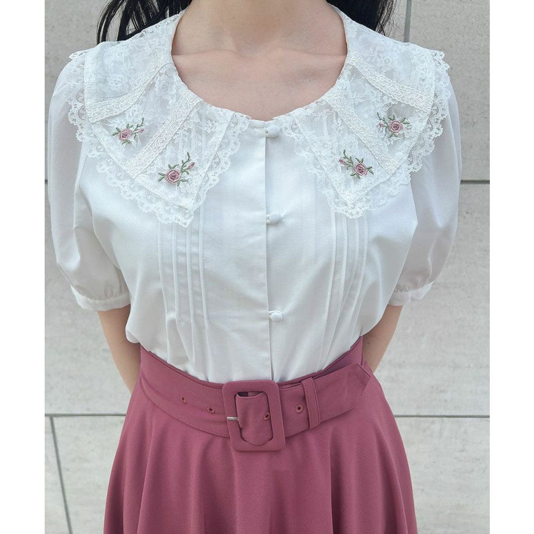 フィント F i.n.t 【洗える】ローズ刺繍チュールレース衿ブラウス （OFF WHITE） OFF WHITE