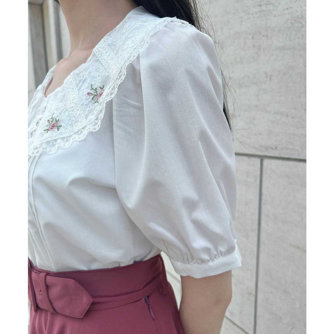 フィント F i.n.t 【洗える】ローズ刺繍チュールレース衿ブラウス （OFF WHITE） OFF WHITE