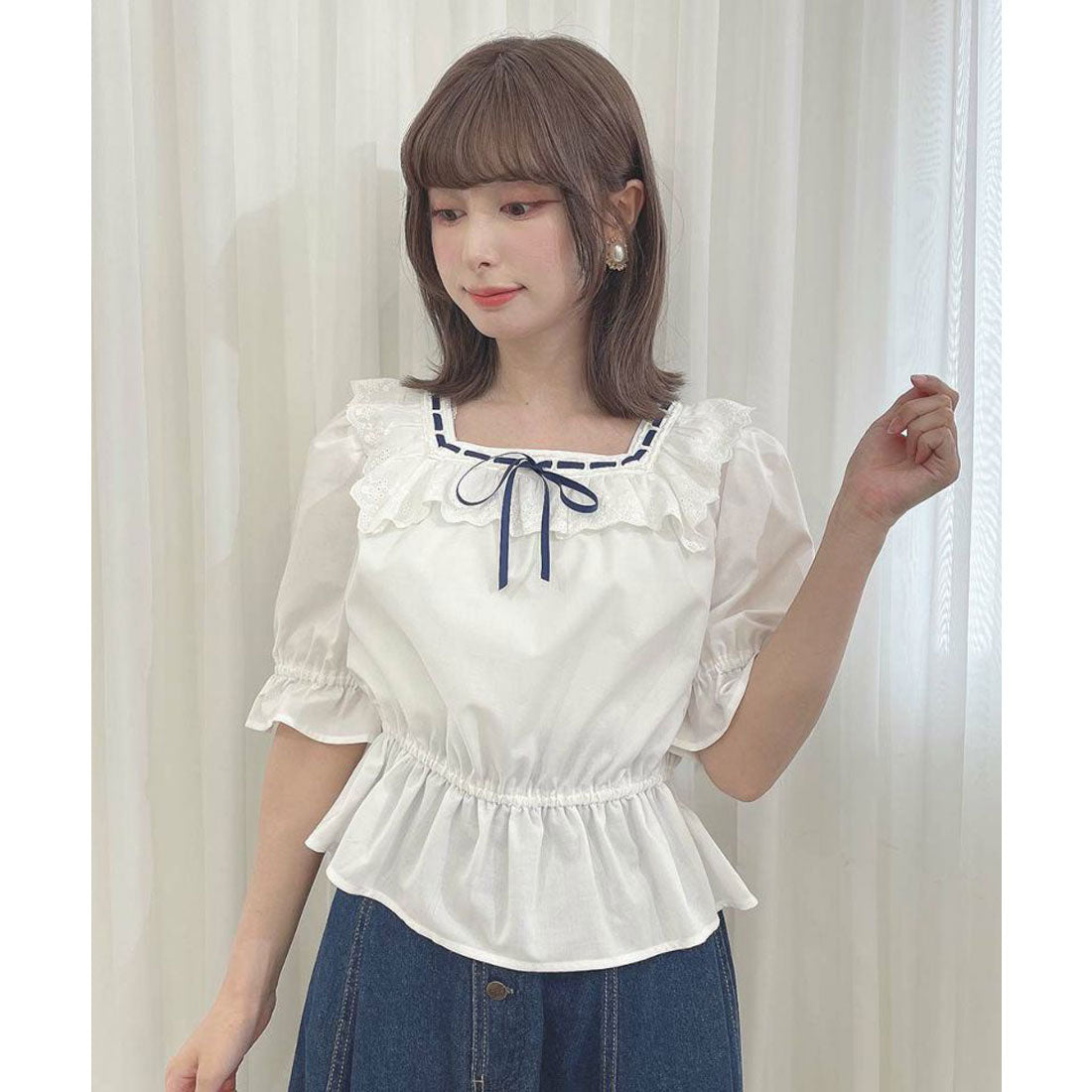 フィント F i.n.t 【洗える】コットンレース使いはしごリボンブラウス （OFF WHITE） OFF WHITE