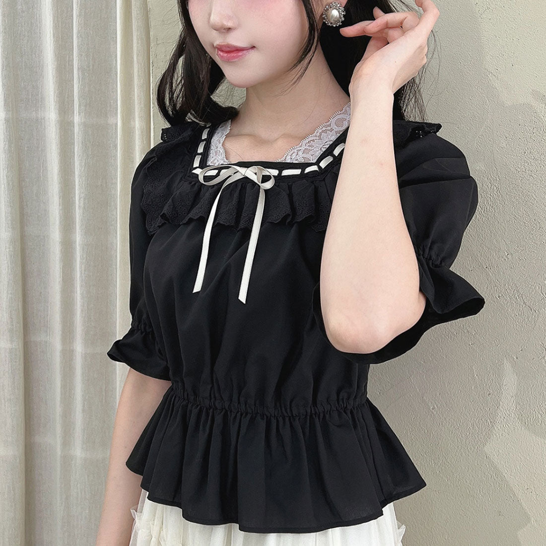 フィント F i.n.t 【洗える】コットンレース使いはしごリボンブラウス （BLACK） BLACK