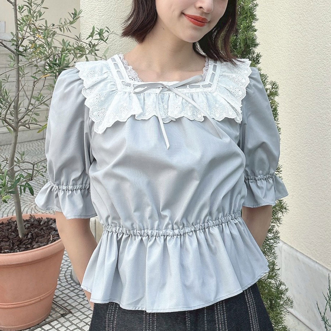 フィント F i.n.t 【洗える】コットンレース使いはしごリボンブラウス （BLUE GRAY） BLUE GRAY