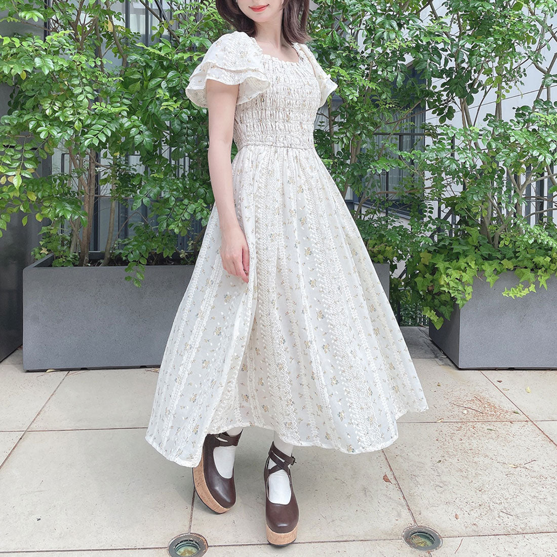 フィント F i.n.t 【洗える】フリル使い小花柄シャーリングワンピース （YELLOW） YELLOW