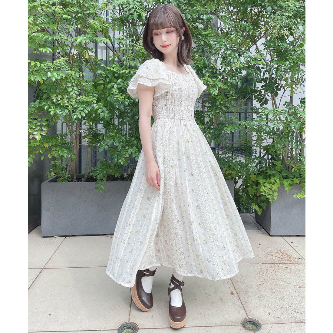 フィント F i.n.t 【洗える】フリル使い小花柄シャーリングワンピース （YELLOW） YELLOW