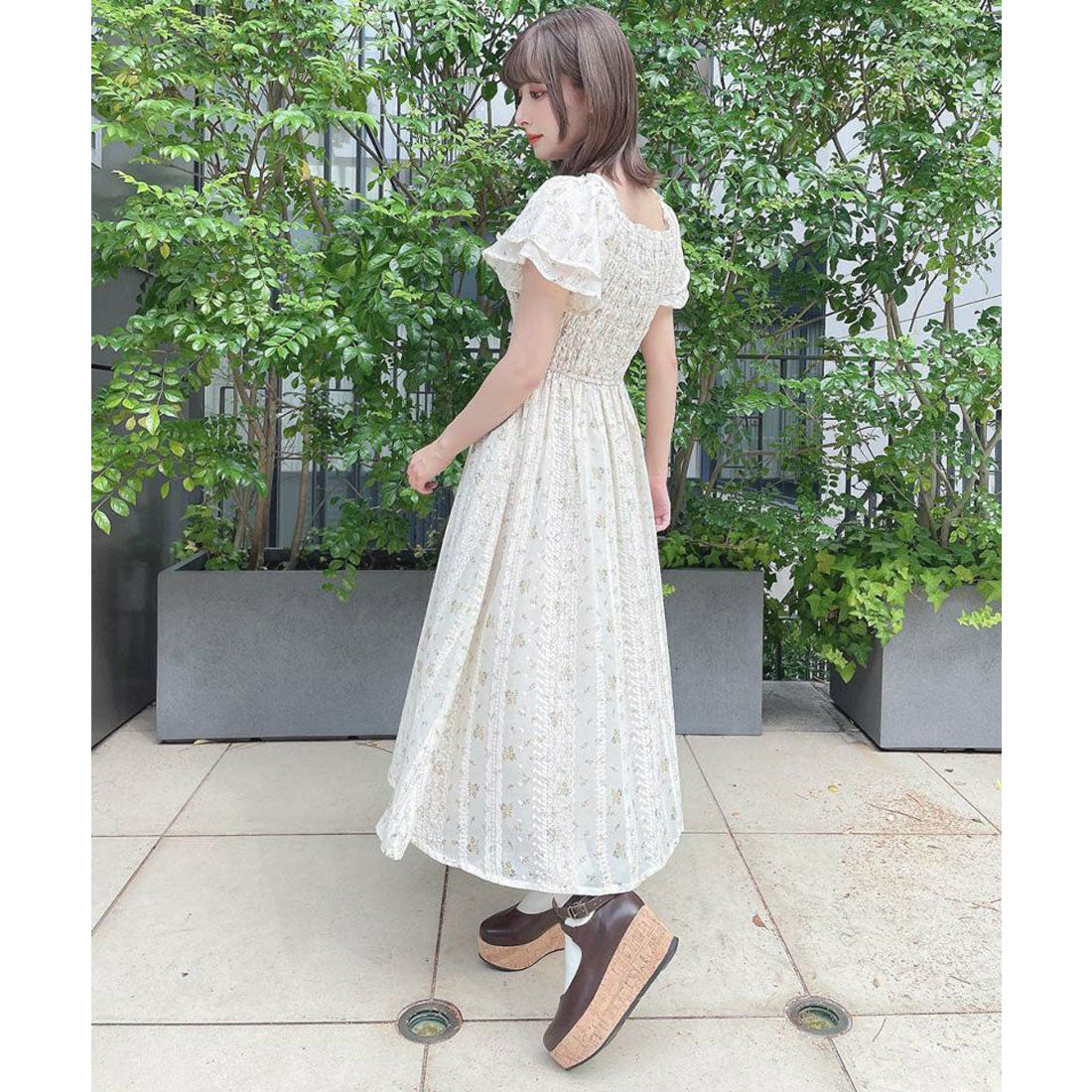 フィント F i.n.t 【洗える】フリル使い小花柄シャーリングワンピース （YELLOW） YELLOW