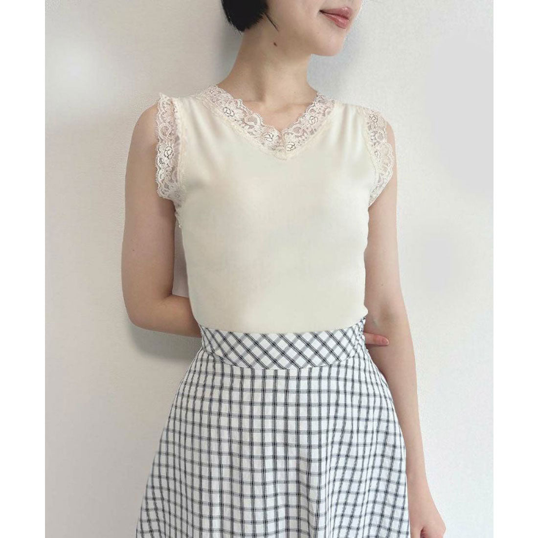 フィント F i.n.t 【洗える】フラワーレーステレコタンクトップ （IVORY） IVORY
