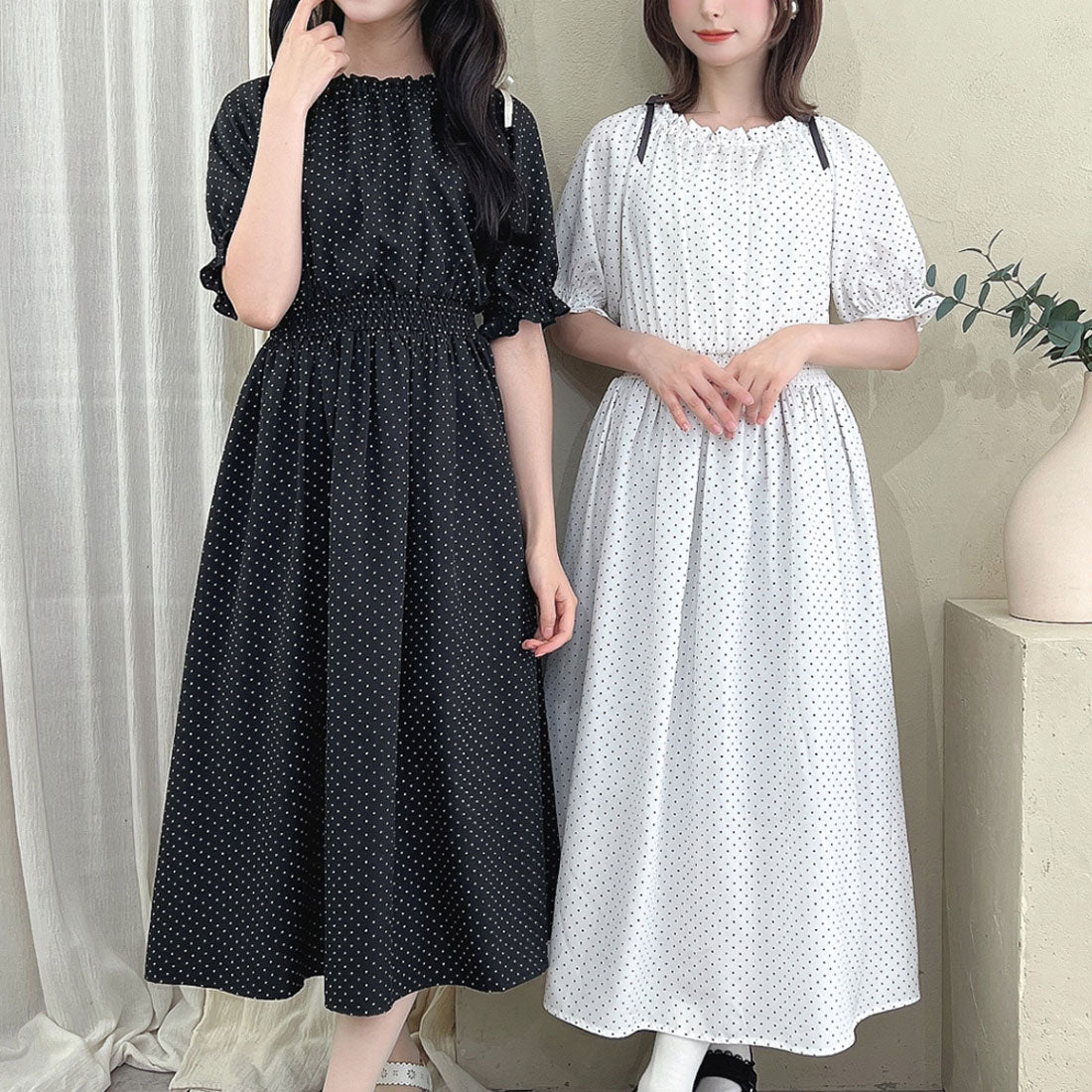フィント F i.n.t 【洗える】ドット柄オフショルワンピース （OFF×BK） OFF×BK