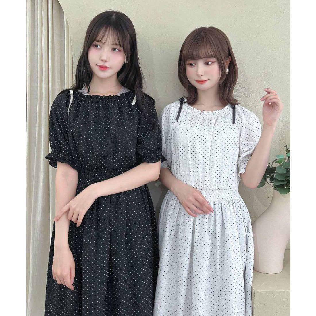 フィント F i.n.t 【洗える】ドット柄オフショルワンピース （OFF×BK） OFF×BK