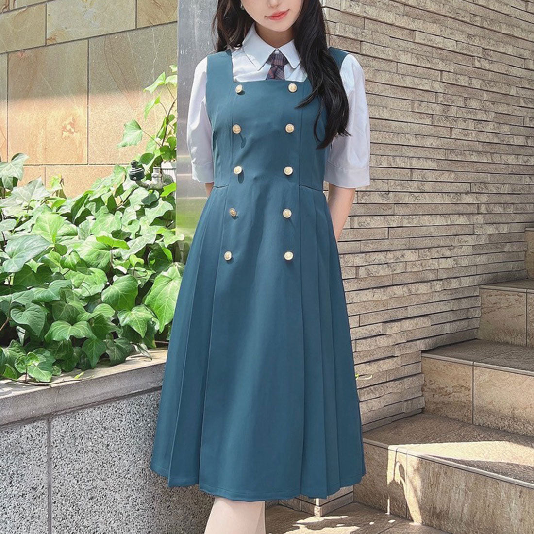 フィント F i.n.t 【洗える・セットアップ】ゴールド釦プリーツジャンパースカート （BLUE GREEN） BLUE GREEN