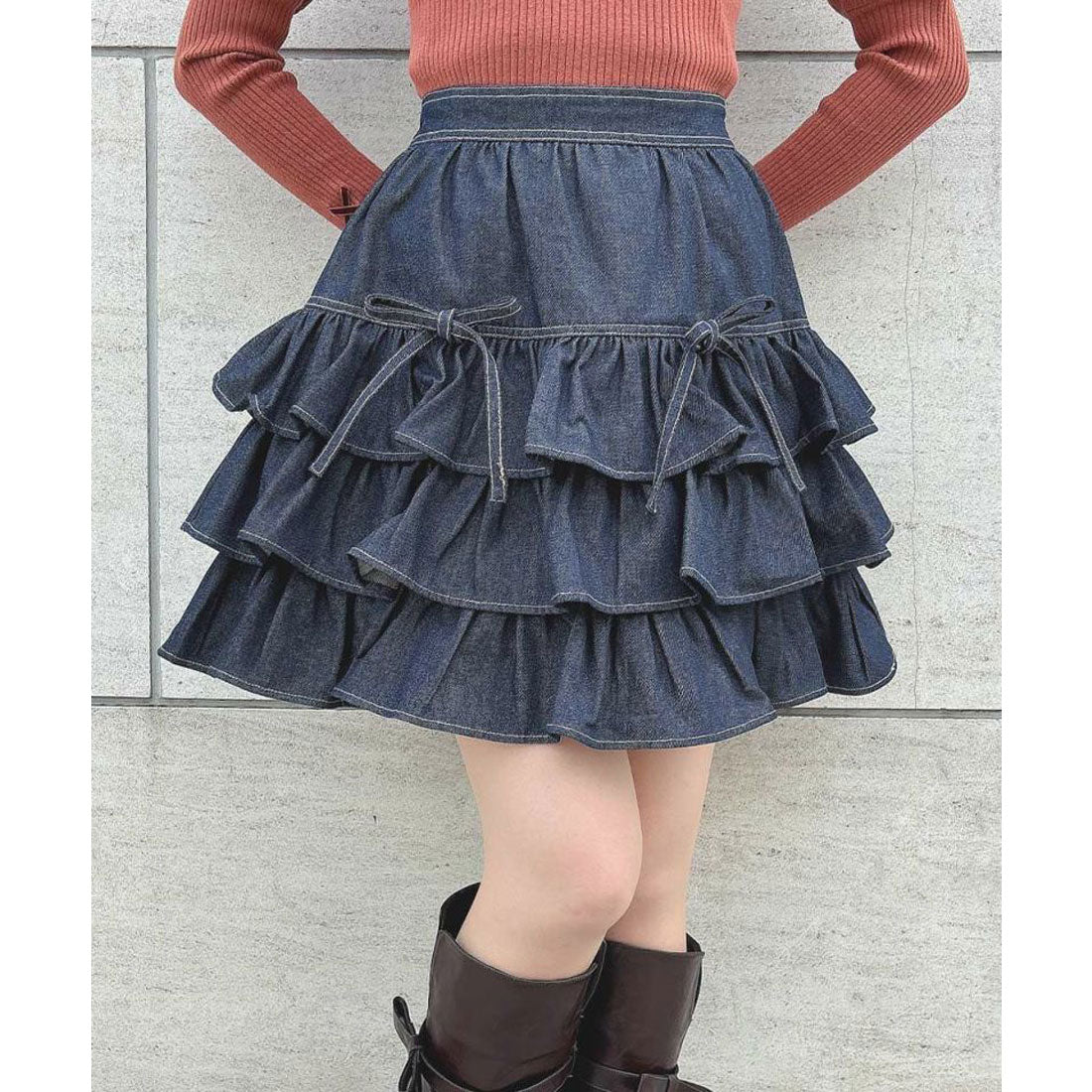 フィント F i.n.t 【洗える】ダブルリボンフリルデニムミニスカート （INDIGO） INDIGO