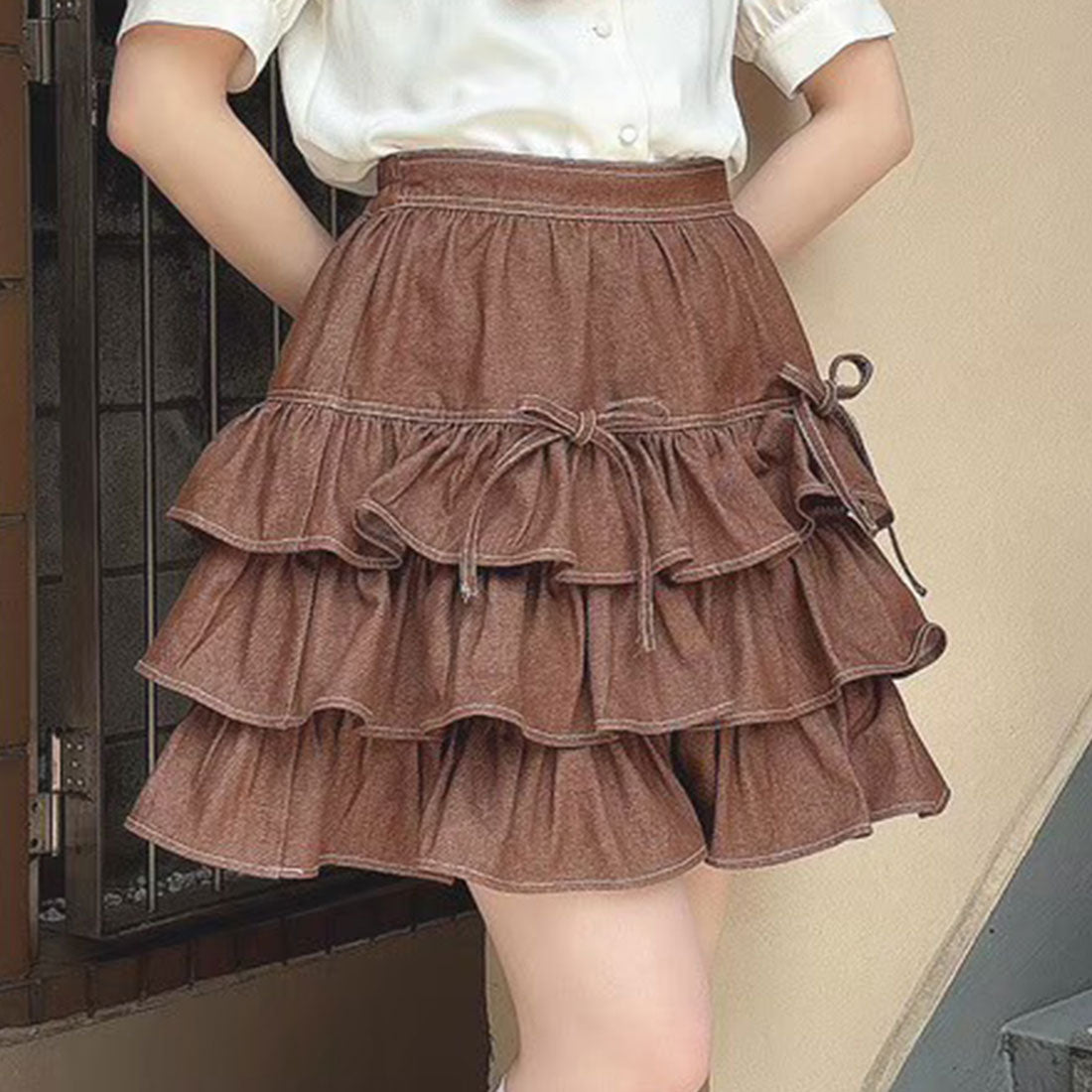 フィント F i.n.t 【洗える】ダブルリボンフリルデニムミニスカート （BROWN） BROWN