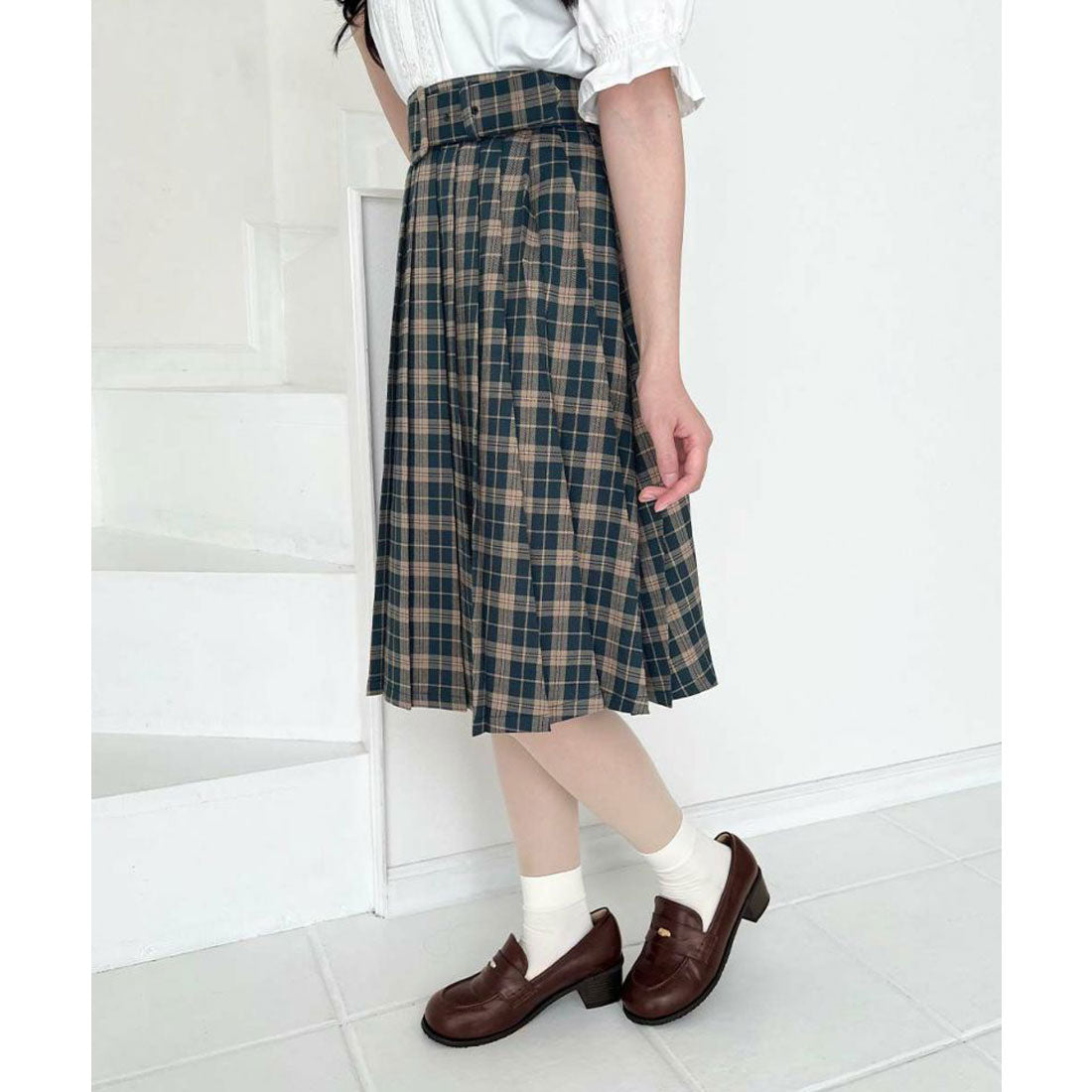 フィント F i.n.t 【洗える】太ベルト付きプリーツスカート （GREEN×BE） GREEN×BE