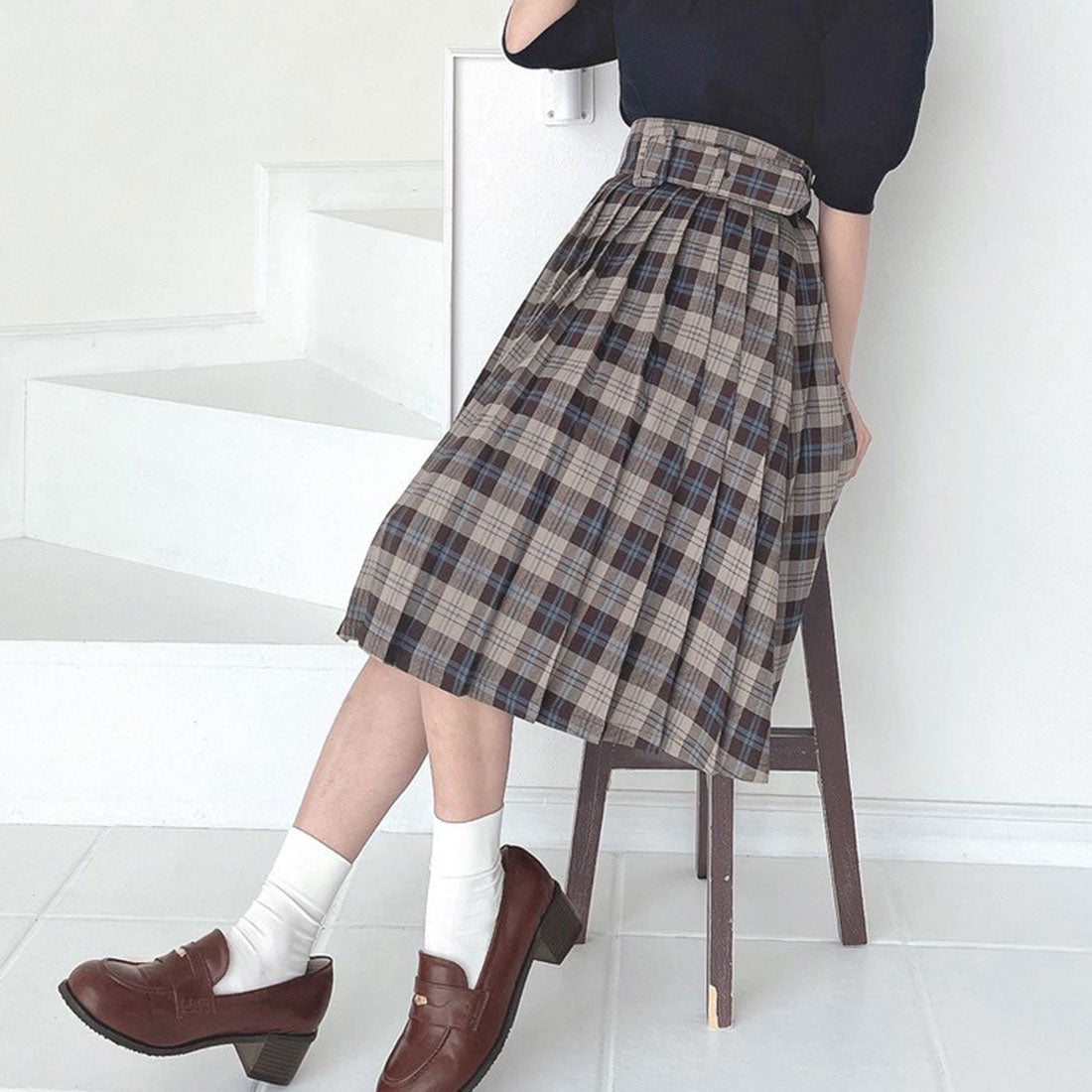 フィント F i.n.t 【洗える】太ベルト付きプリーツスカート （BROWN×GY） BROWN×GY