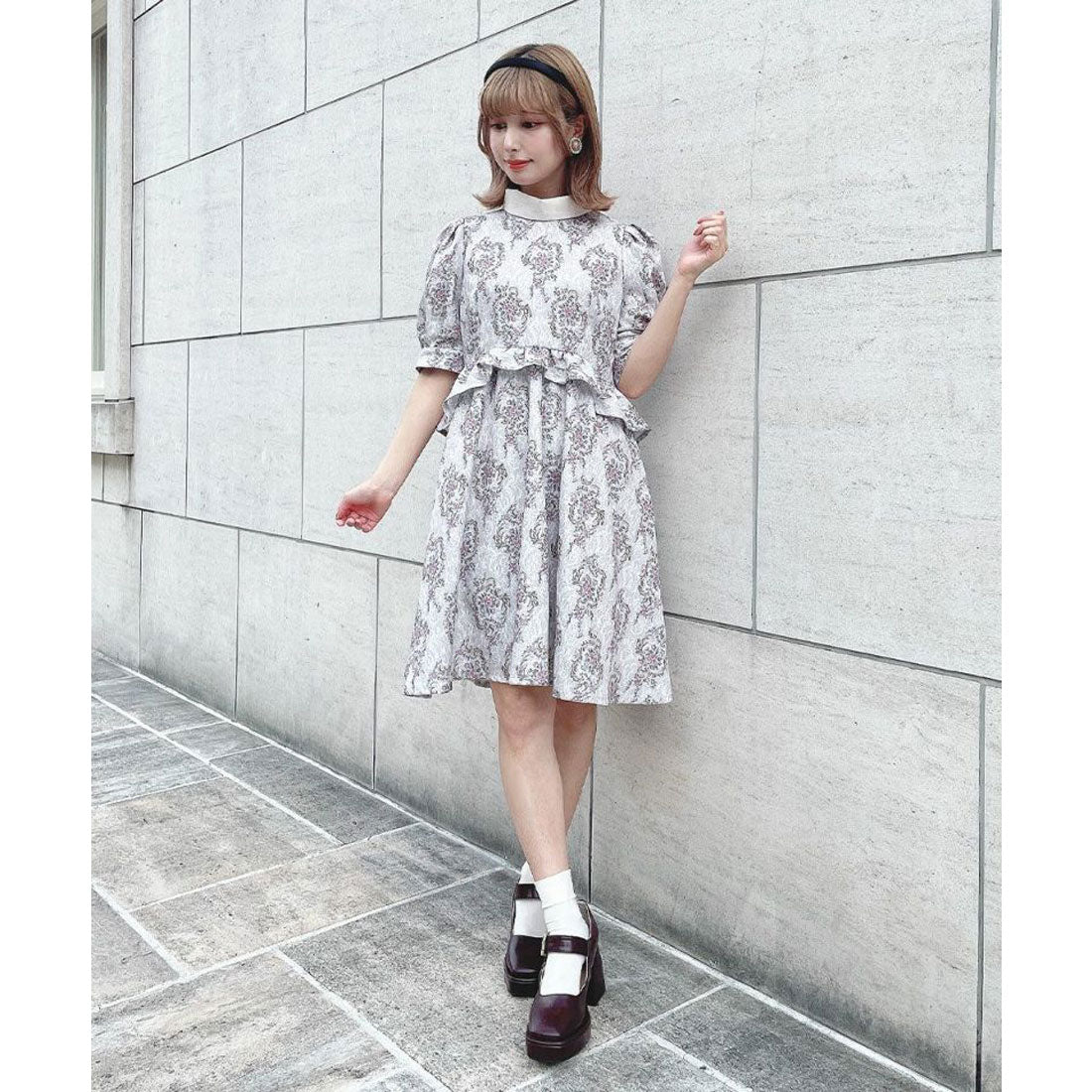 フィント F i.n.t 【洗える】ゴブラン風プリントパフスリーブミニワンピース （PINK） PINK