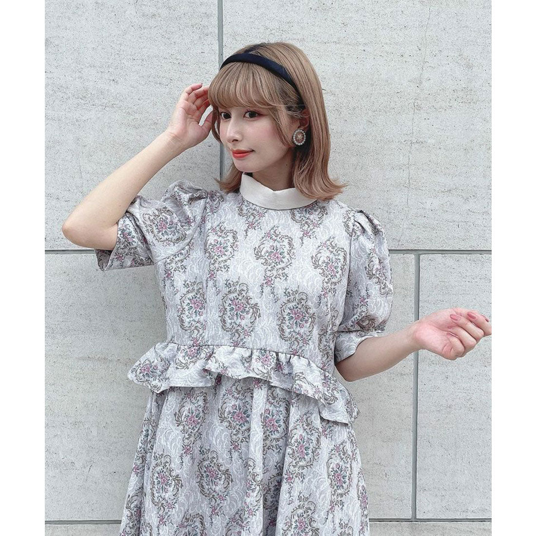フィント F i.n.t 【洗える】ゴブラン風プリントパフスリーブミニワンピース （PINK） PINK