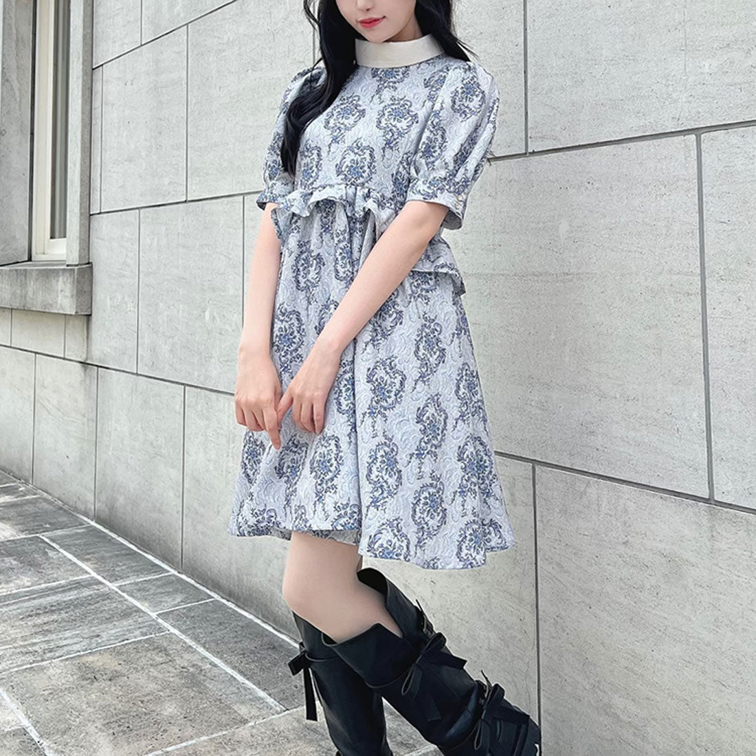 フィント F i.n.t 【洗える】ゴブラン風プリントパフスリーブミニワンピース （BLUE） BLUE