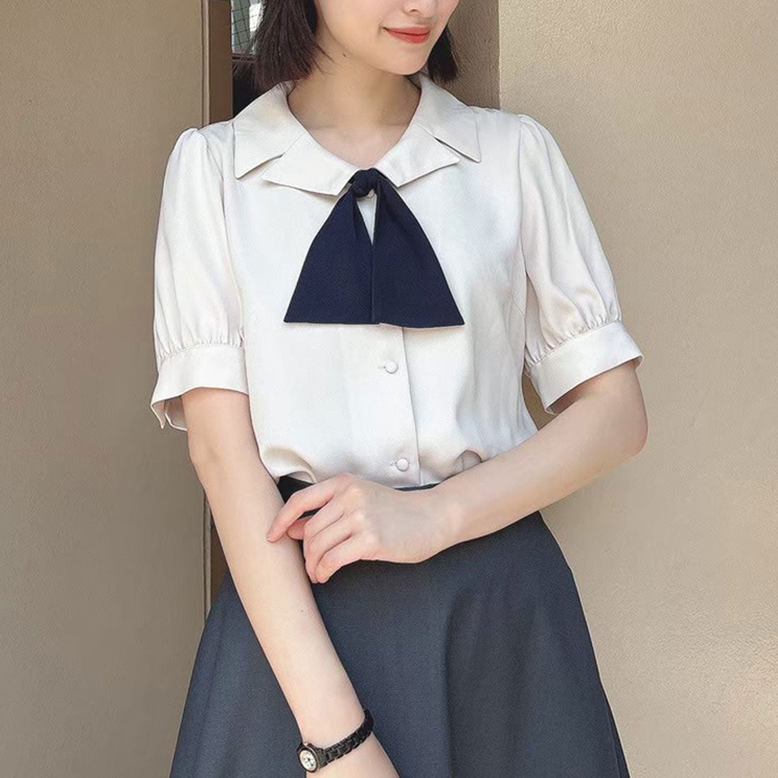 フィント F i.n.t 【洗える】スカーフタイ付き変形衿ブラウス （L/BEIGE） L/BEIGE