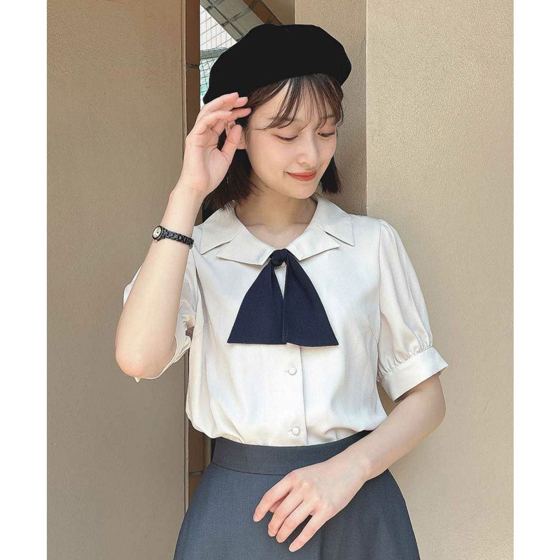 フィント F i.n.t 【洗える】スカーフタイ付き変形衿ブラウス （L/BEIGE） L/BEIGE