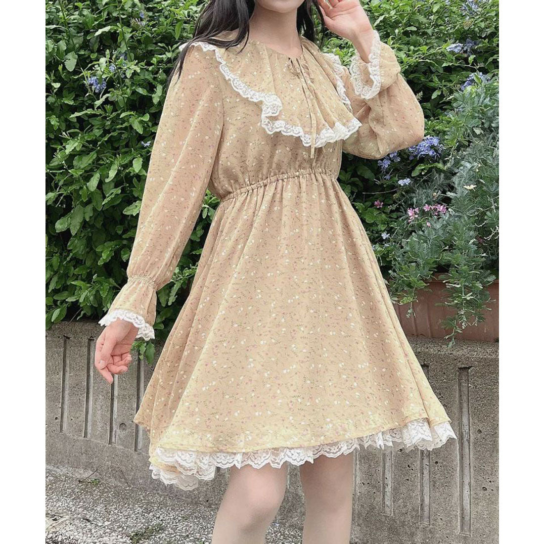 フィント F i.n.t 【洗える】レース使い小花柄ラッフルワンピース （MUSTARD） MUSTARD