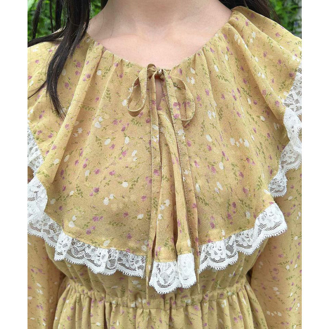 フィント F i.n.t 【洗える】レース使い小花柄ラッフルワンピース （MUSTARD） MUSTARD