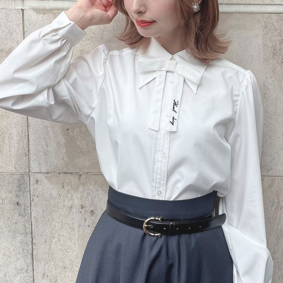 フィント F i.n.t 【洗える】タイ付きロングポイントカラーシャツ （OFF WHITE） OFF WHITE