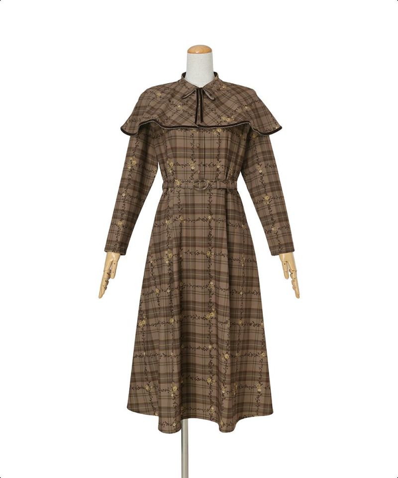 フィント F i.n.t 【洗える・2WAY】プチフラワーチェック柄ケープ付きワンピース （BROWN×YE） BROWN×YE