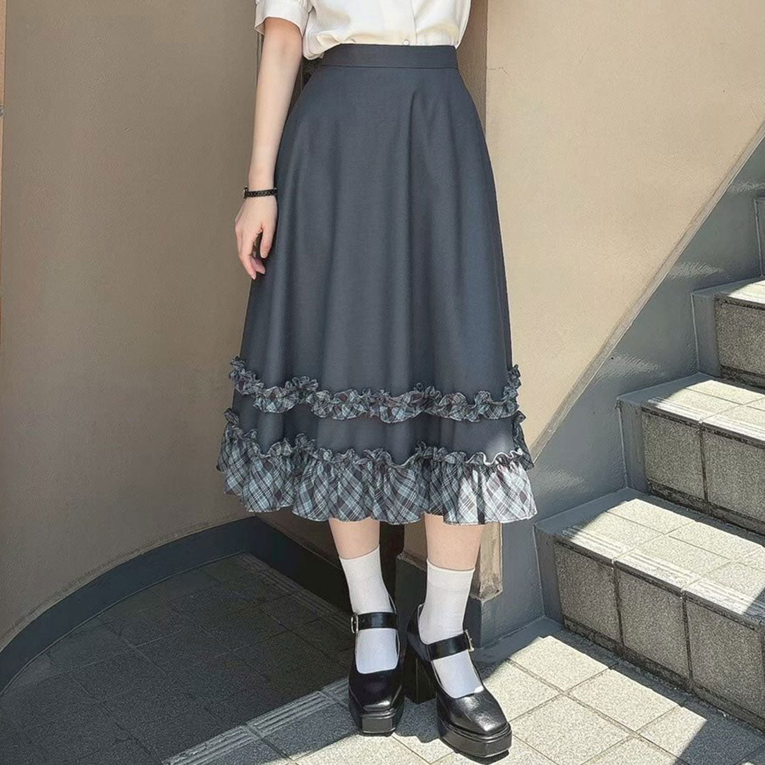 フィント F i.n.t 【セットアップ可能】チェックフリル使いフレアースカート （NAVY×BL） NAVY×BL
