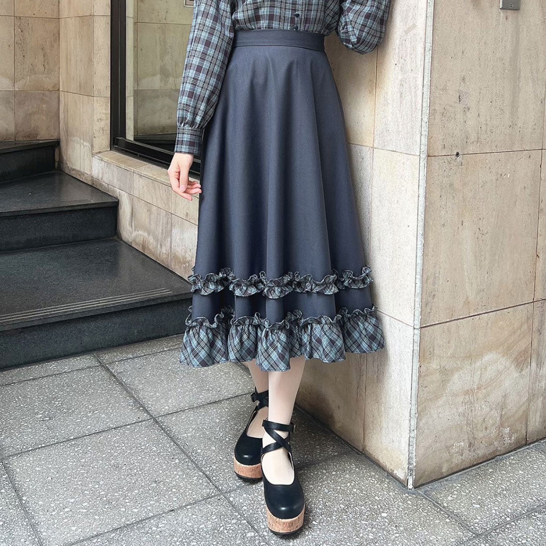 フィント F i.n.t 【セットアップ可能】チェックフリル使いフレアースカート （NAVY×BL） NAVY×BL