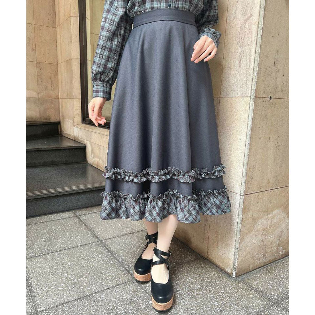 フィント F i.n.t 【セットアップ可能】チェックフリル使いフレアースカート （NAVY×BL） NAVY×BL