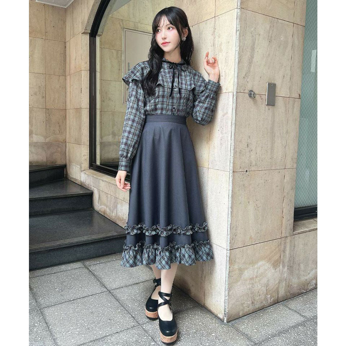フィント F i.n.t 【セットアップ可能】チェックフリル使いフレアースカート （NAVY×BL） NAVY×BL