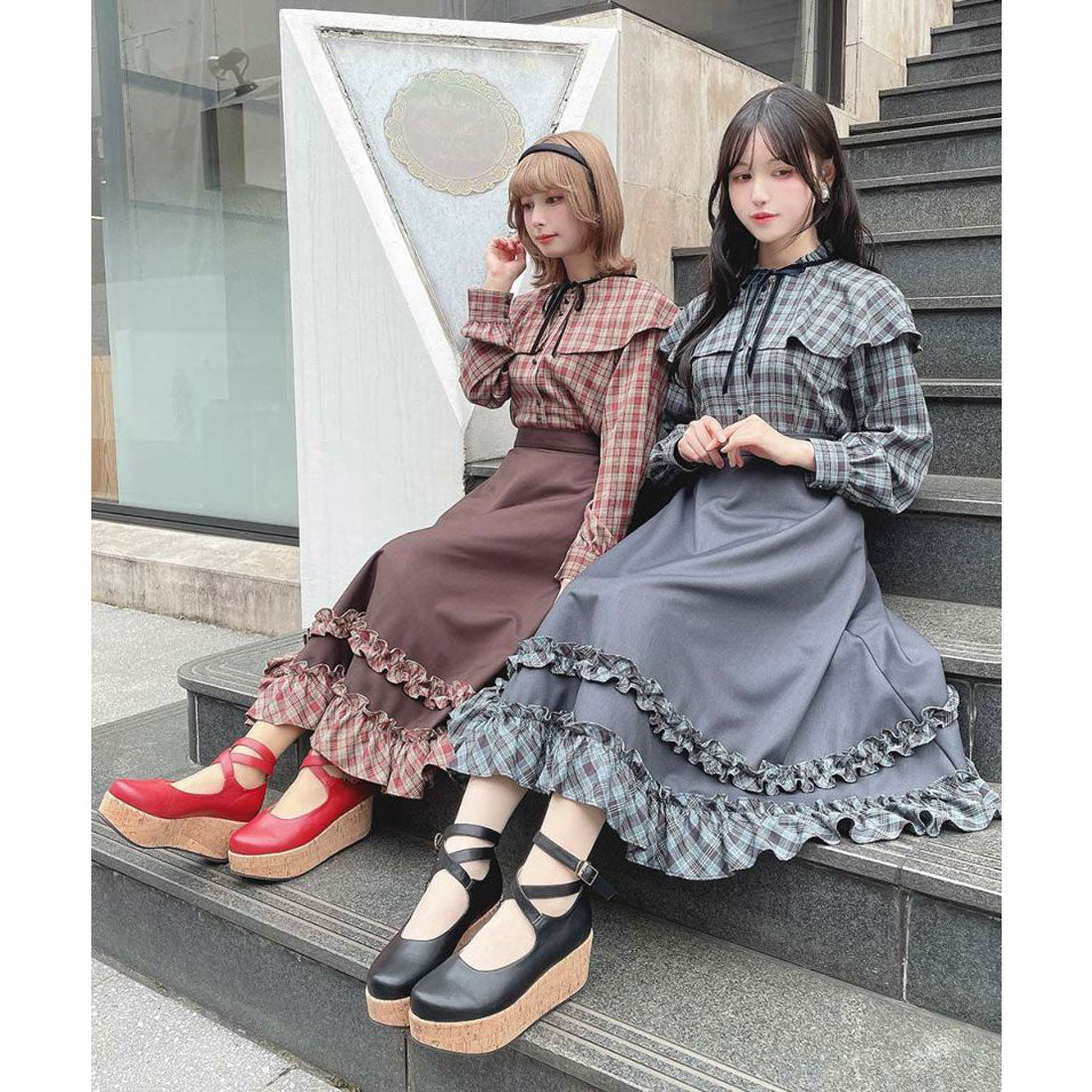 フィント F i.n.t 【セットアップ可能】チェックフリル使いフレアースカート （NAVY×BL） NAVY×BL