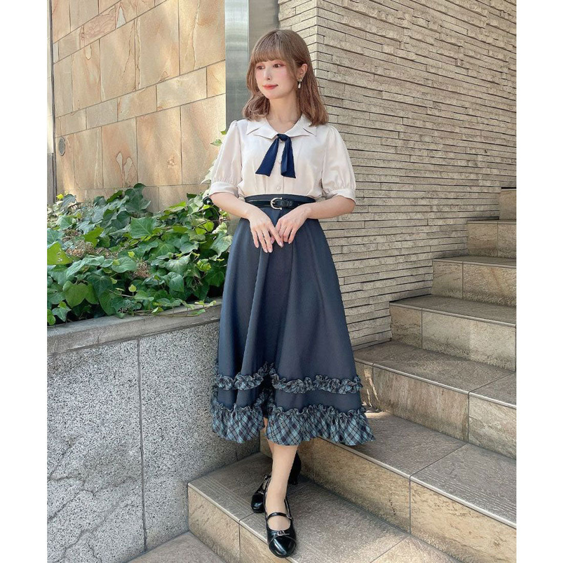 フィント F i.n.t 【セットアップ可能】チェックフリル使いフレアースカート （NAVY×BL） NAVY×BL