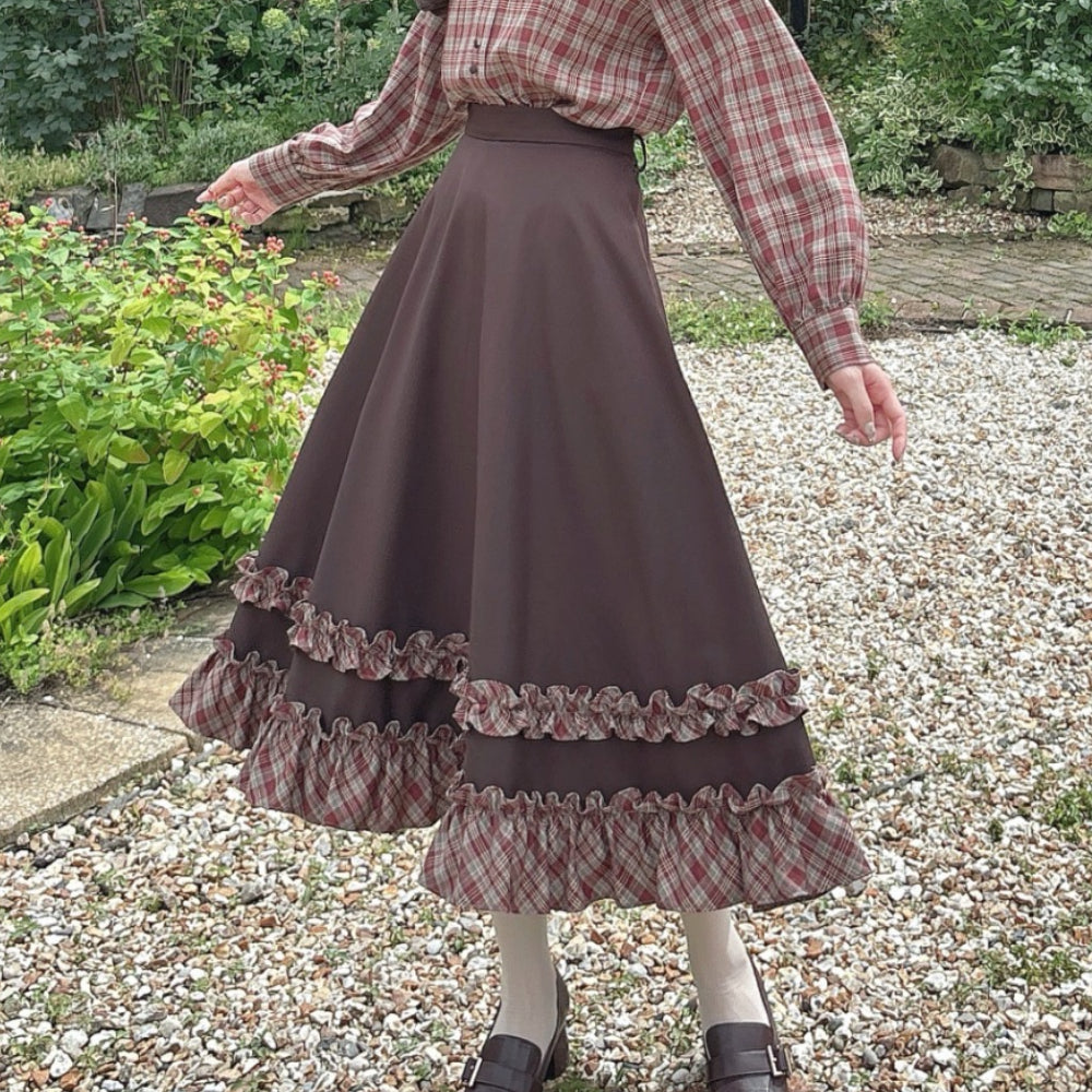 フィント F i.n.t 【セットアップ可能】チェックフリル使いフレアースカート （BROWN×RE） BROWN×RE