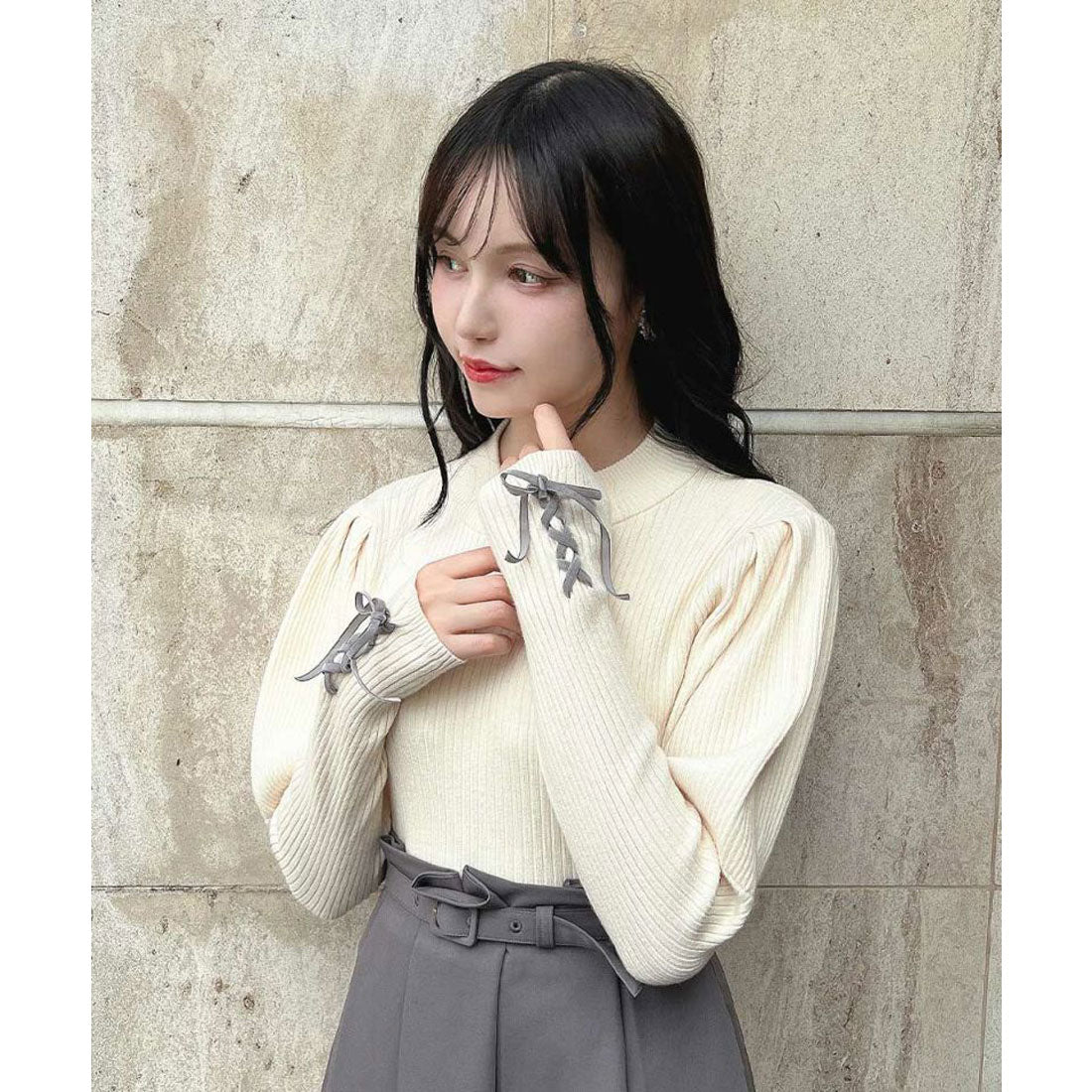 フィント F i.n.t 【洗える】袖口レースアップリブニットプルオーバー （OFF WHITE） OFF WHITE