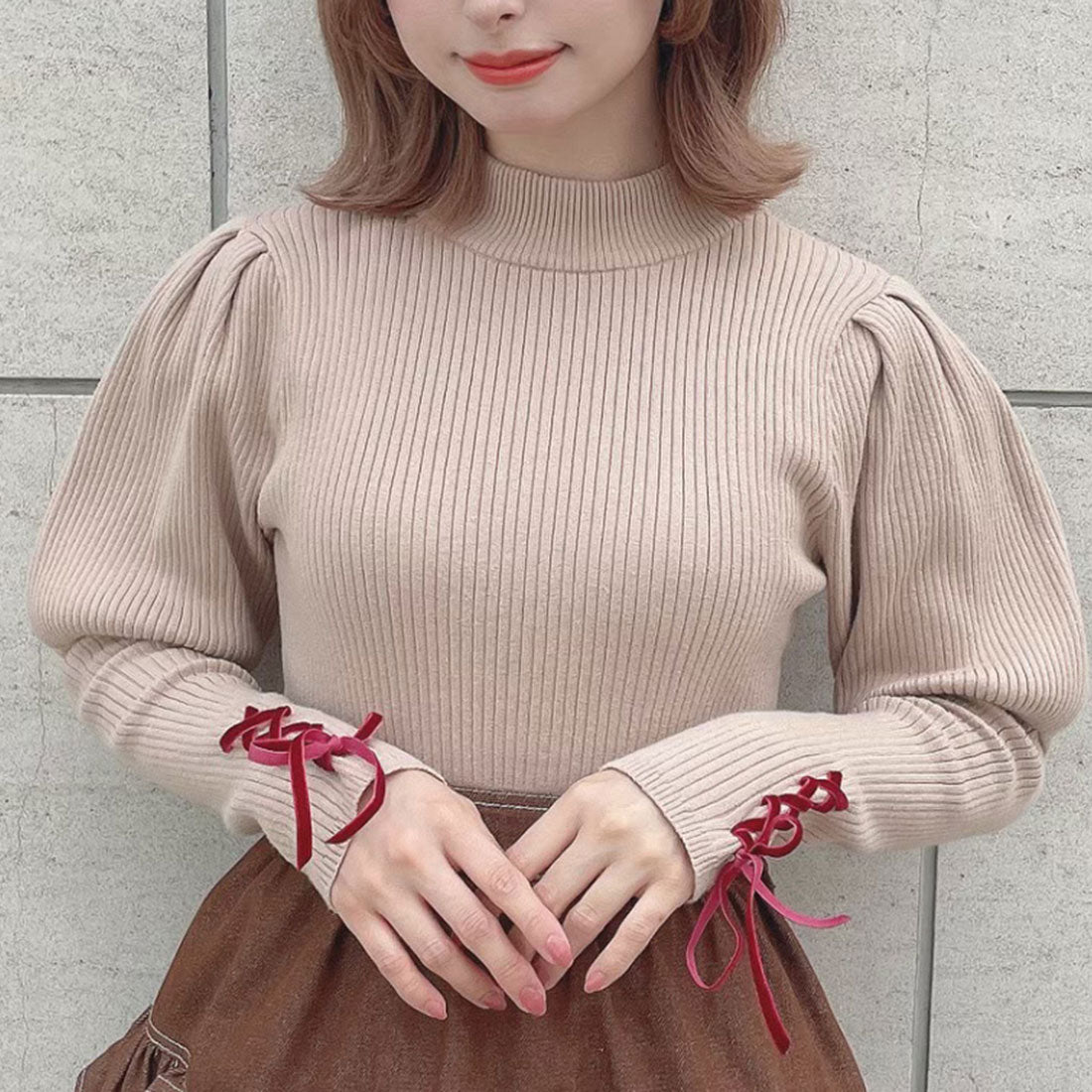フィント F i.n.t 【洗える】袖口レースアップリブニットプルオーバー （L/BEIGE） L/BEIGE