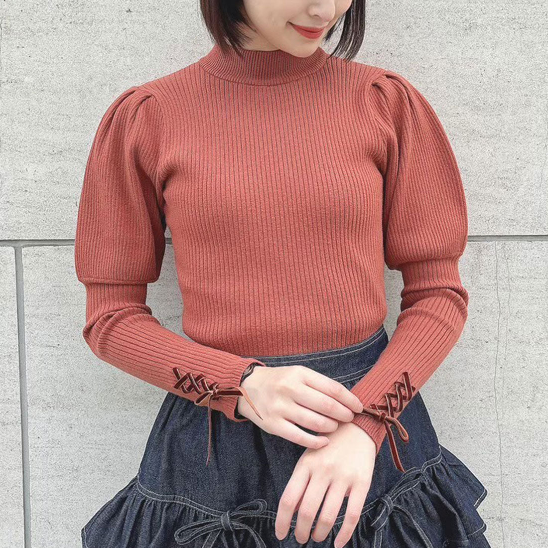 フィント F i.n.t 【洗える】袖口レースアップリブニットプルオーバー （D/ORANGE） D/ORANGE