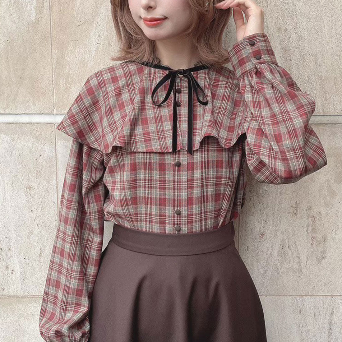 フィント F i.n.t 【洗える/セットアップ可能】ケープ付きチェックブラウス （BROWN×RE） BROWN×RE