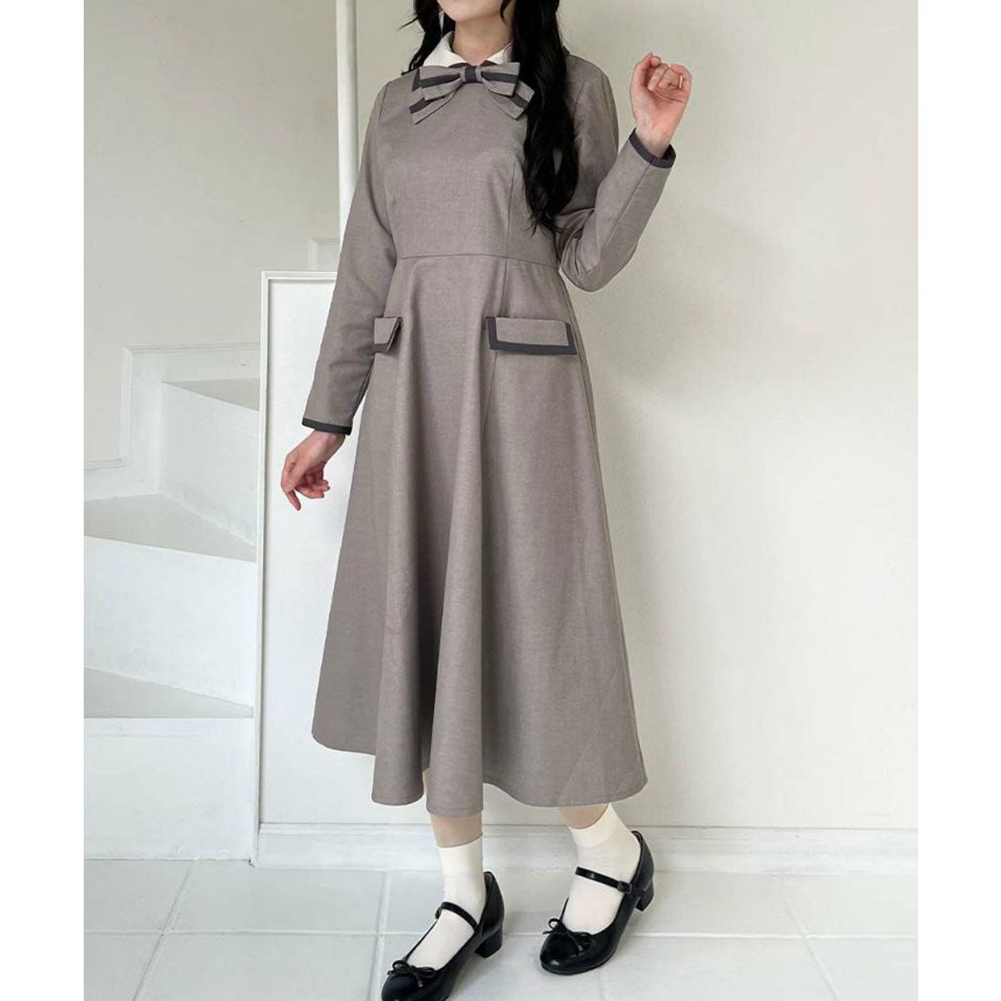 フィント F i.n.t ラインボウタイバイカラーワンピース （BEIGE） BEIGE