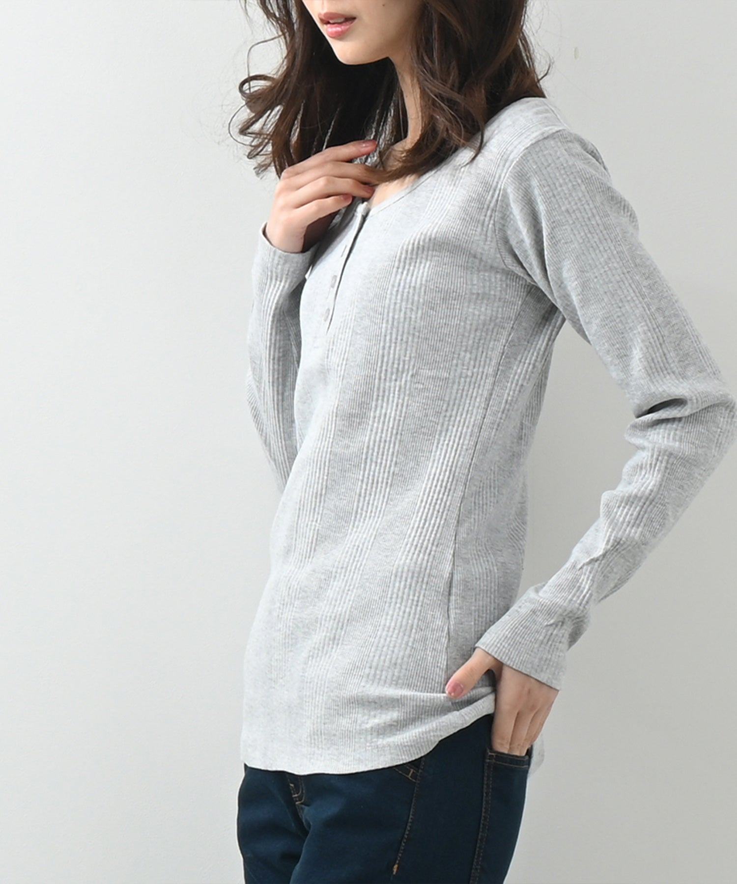 フェルトマリエッタ Felt Maglietta ランダムリブヘンリーネックロングTシャツ （ミックスグレー） ミックスグレー
