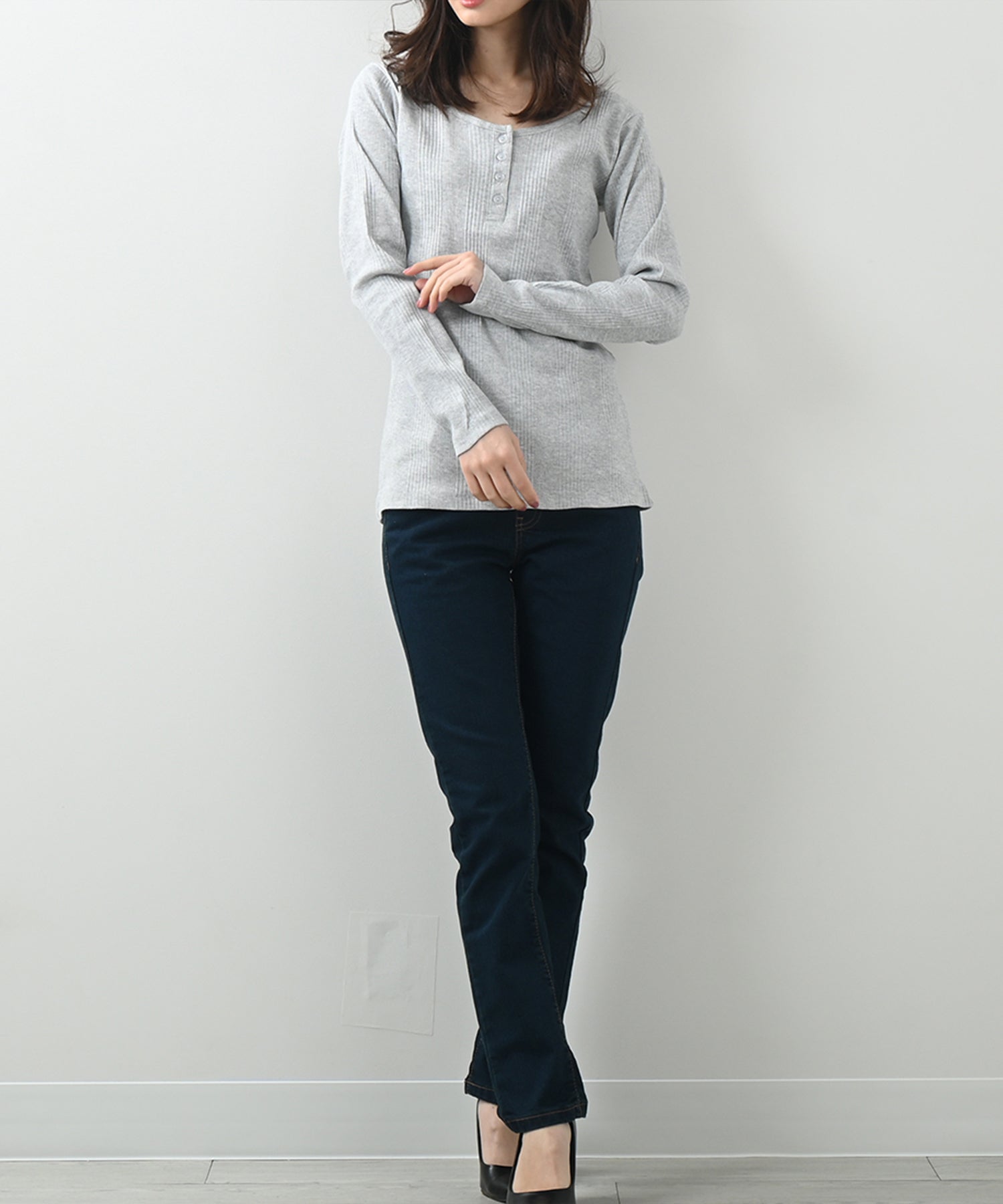 フェルトマリエッタ Felt Maglietta ランダムリブヘンリーネックロングTシャツ （ミックスグレー） ミックスグレー